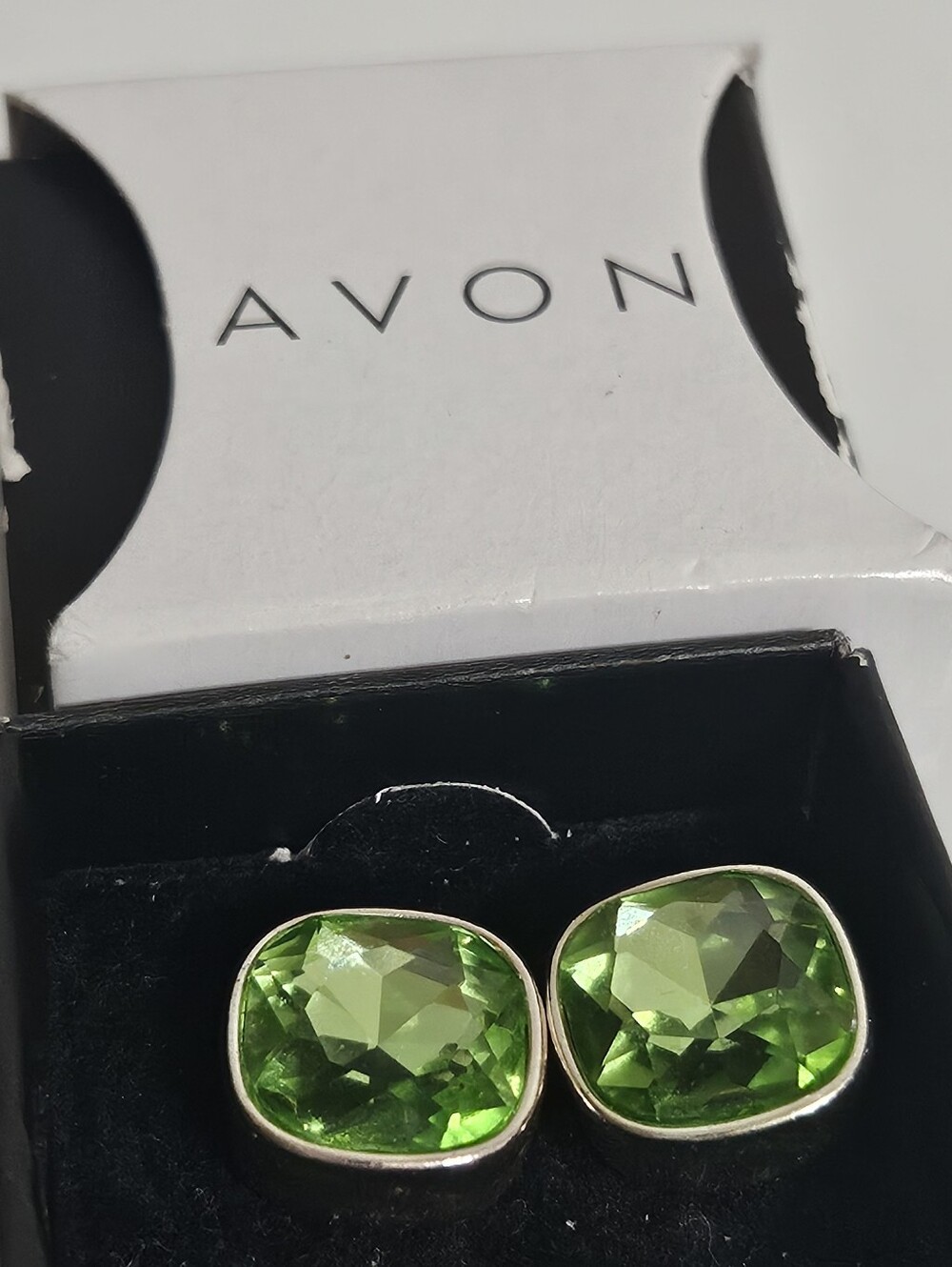 Avon Bright Green Faceted Cushion Stud Earrings